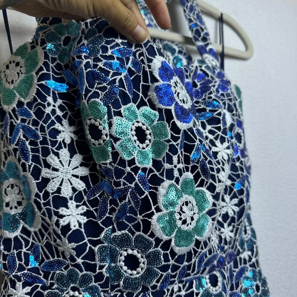 Dress the Population Blue White Floral Backless Lace Midi Dress - Picture 5 of 14